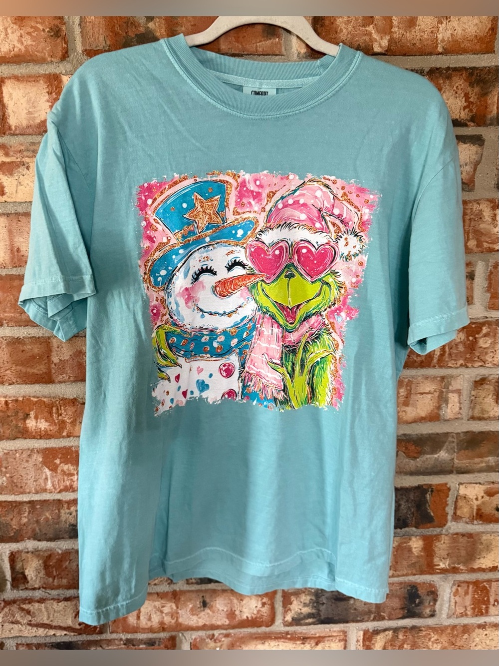 Comfort Colors Teal Short Sleeve Tee with Festive Snowman & Character Graphic